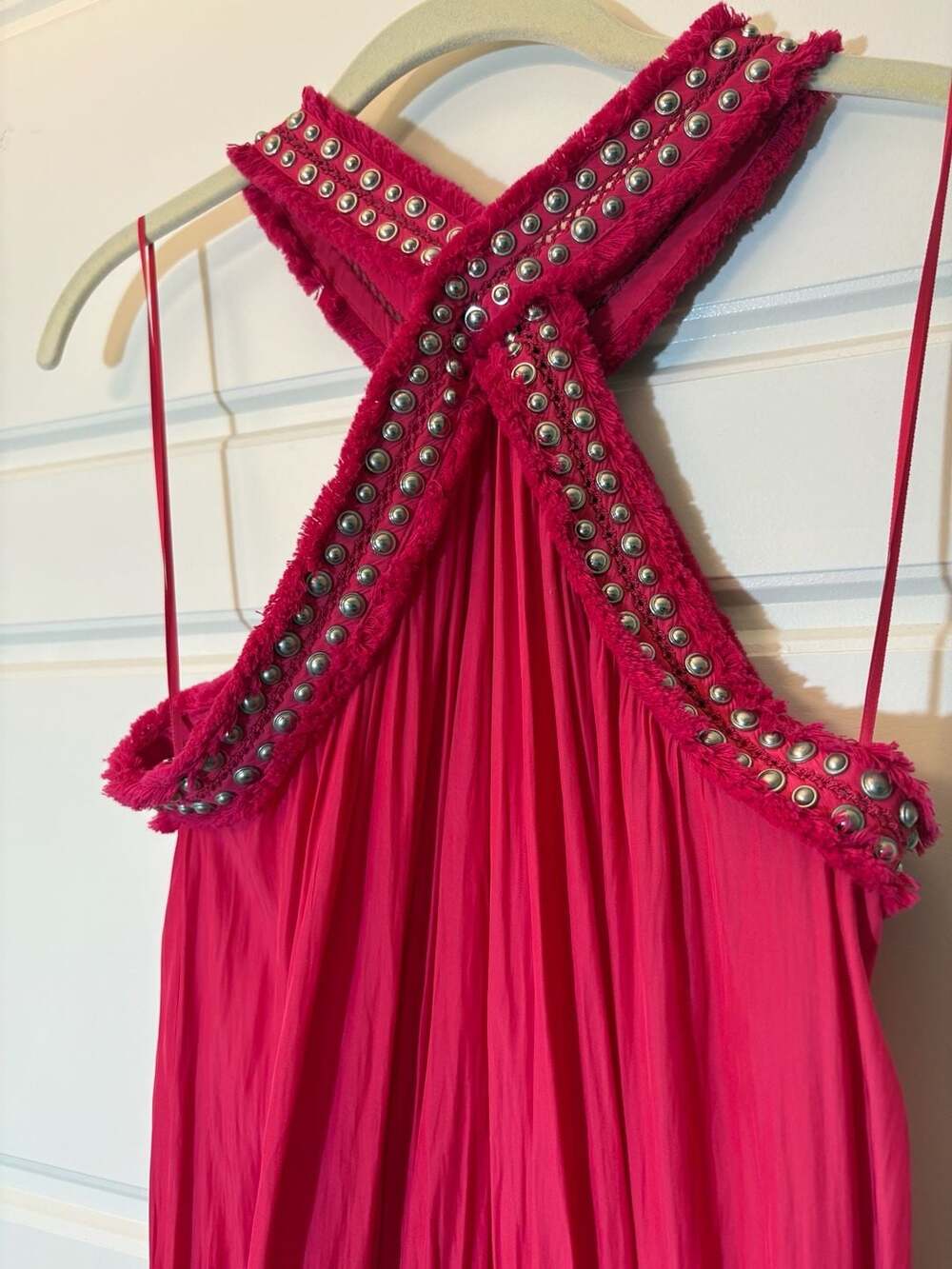 Ramy Brook Alara Hot Pink Halter Mini Dress with Studded Frayed Trim - Picture 2 of 9